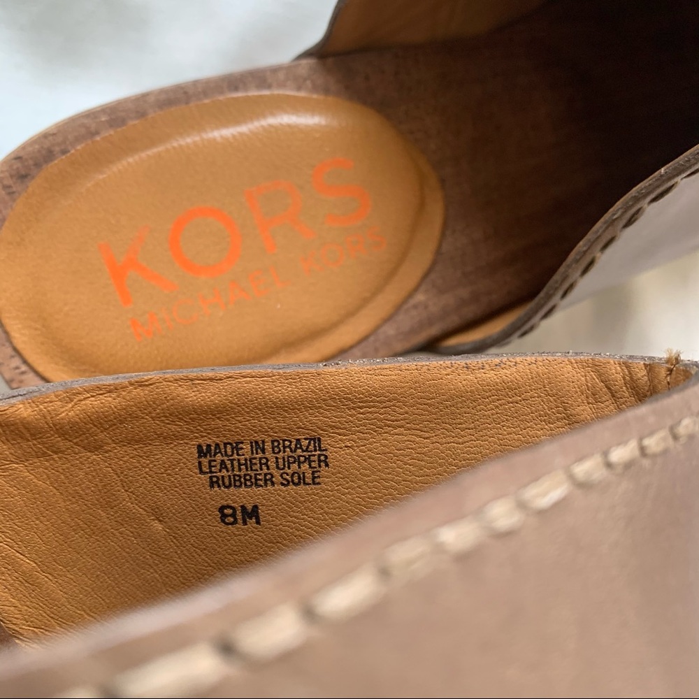 KORS Michael Kors Tan Leather Wooden Heel Clogs - Picture 7 of 10